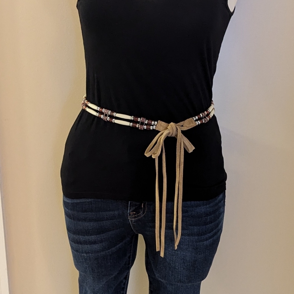 Vintage cream and maron beaded fashion belt with leather tie size L